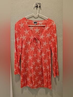 Mud Pie Coral Cover-Up Tunic with White Starfish Print